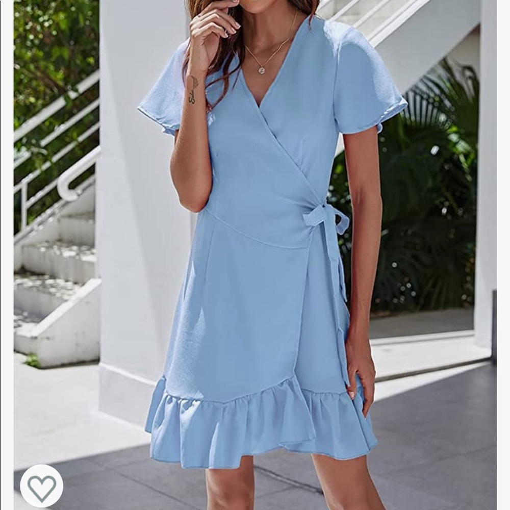 Wrap V Neck Ruffle Short Sleeve Mini Dress with Belt